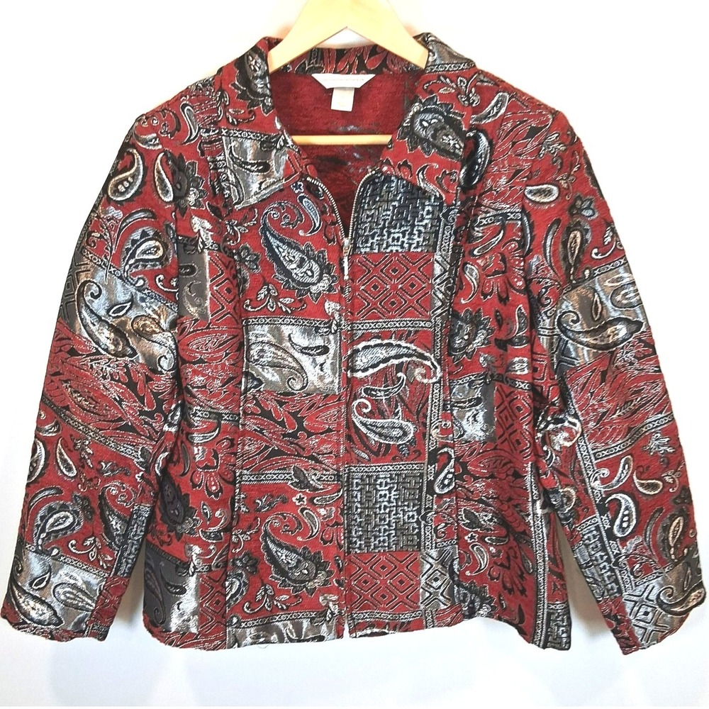 Christopher & Banks Women's L Red Metallic Paisley Jacquard Zip Jacket - Picture 2 of 12
